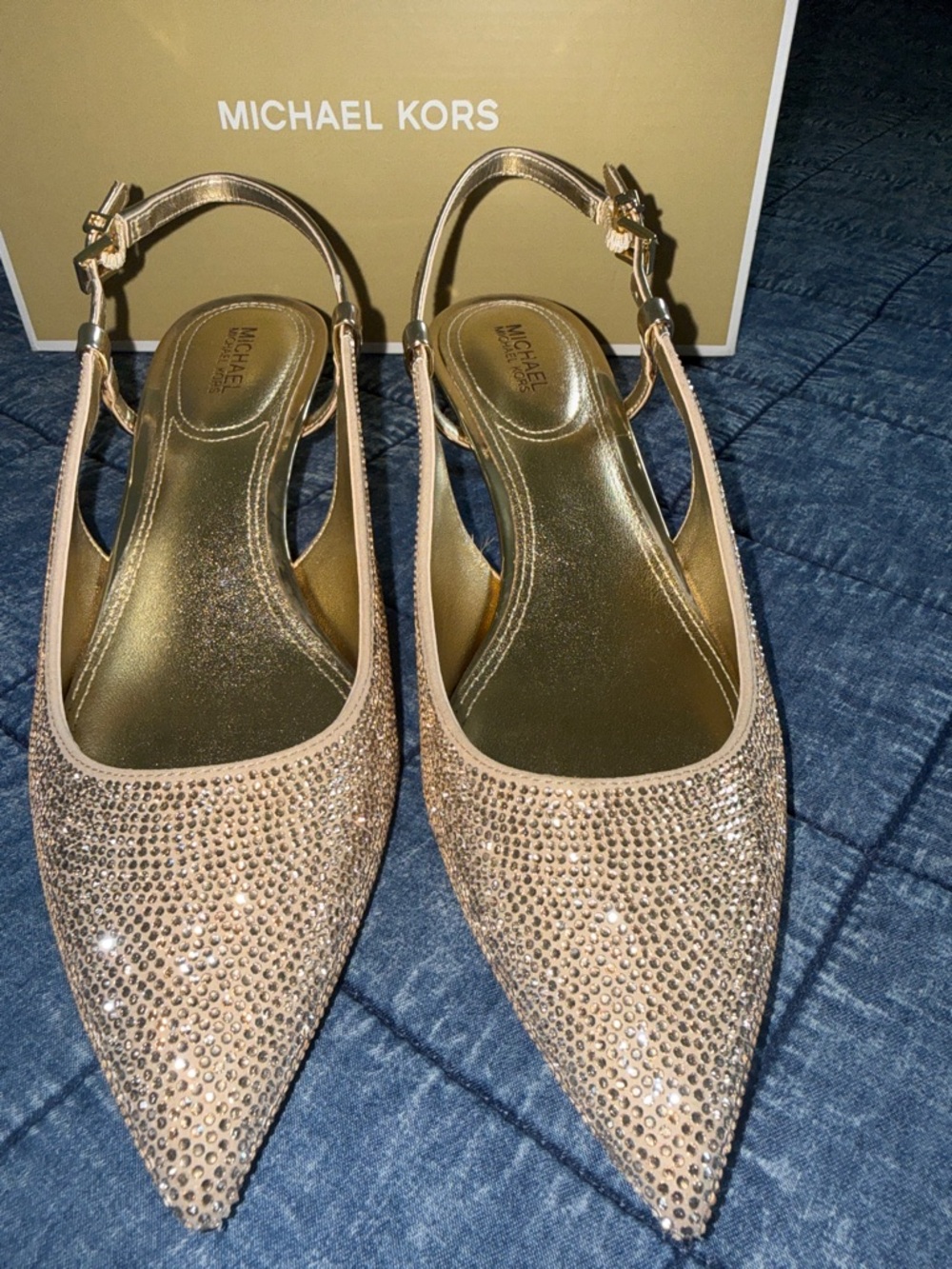 New! DoreenFlex Kitten sling Hot  Fix Stones Gold size 7 - Picture 2 of 5